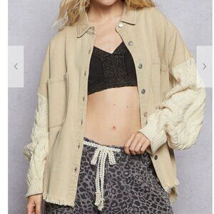 265.Button down shacket jacket sweater sleeves with distressed hemline